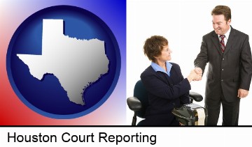 a court reporter shaking hands with an attorney in Houston, TX