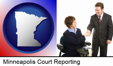 a court reporter shaking hands with an attorney in Minneapolis, MN
