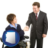 arizona map icon and a court reporter shaking hands with an attorney