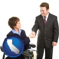 california map icon and a court reporter shaking hands with an attorney