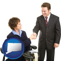 connecticut map icon and a court reporter shaking hands with an attorney