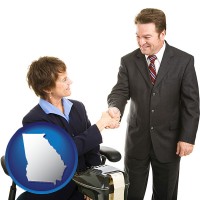 georgia map icon and a court reporter shaking hands with an attorney