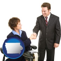 iowa map icon and a court reporter shaking hands with an attorney