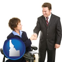 idaho map icon and a court reporter shaking hands with an attorney