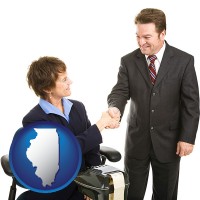 illinois map icon and a court reporter shaking hands with an attorney
