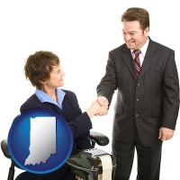 indiana map icon and a court reporter shaking hands with an attorney