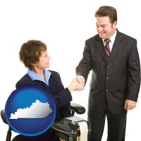 kentucky map icon and a court reporter shaking hands with an attorney