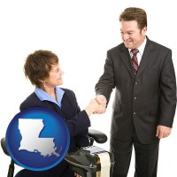 louisiana map icon and a court reporter shaking hands with an attorney