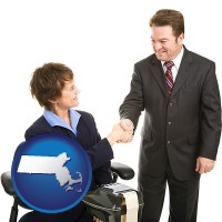 massachusetts map icon and a court reporter shaking hands with an attorney