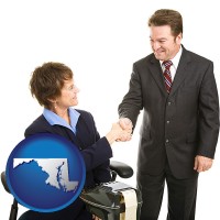 maryland map icon and a court reporter shaking hands with an attorney