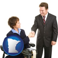 minnesota map icon and a court reporter shaking hands with an attorney