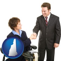 new-hampshire map icon and a court reporter shaking hands with an attorney