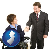 new-jersey map icon and a court reporter shaking hands with an attorney