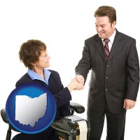 ohio map icon and a court reporter shaking hands with an attorney