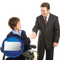 pennsylvania map icon and a court reporter shaking hands with an attorney