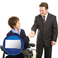 south-dakota map icon and a court reporter shaking hands with an attorney