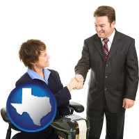 texas map icon and a court reporter shaking hands with an attorney