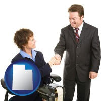 utah map icon and a court reporter shaking hands with an attorney