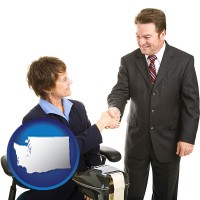 washington map icon and a court reporter shaking hands with an attorney