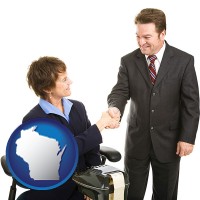 wisconsin map icon and a court reporter shaking hands with an attorney