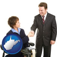 west-virginia map icon and a court reporter shaking hands with an attorney