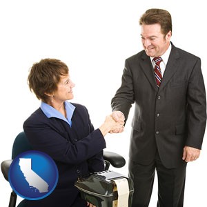 a court reporter shaking hands with an attorney - with California icon