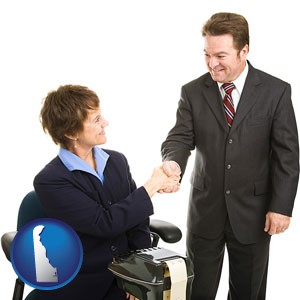 a court reporter shaking hands with an attorney - with Delaware icon