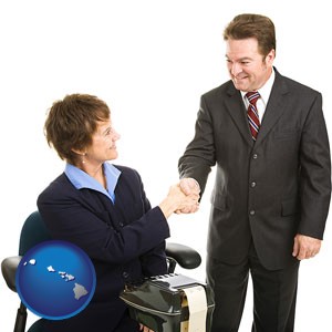 a court reporter shaking hands with an attorney - with Hawaii icon