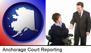 a court reporter shaking hands with an attorney in Anchorage, AK