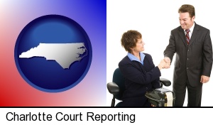 a court reporter shaking hands with an attorney in Charlotte, NC