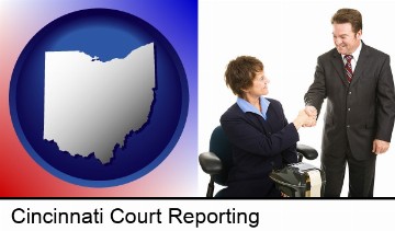 a court reporter shaking hands with an attorney in Cincinnati, OH