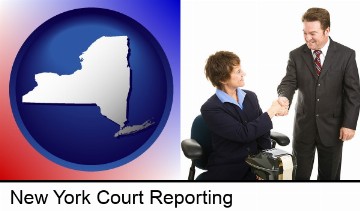 a court reporter shaking hands with an attorney in New York, NY